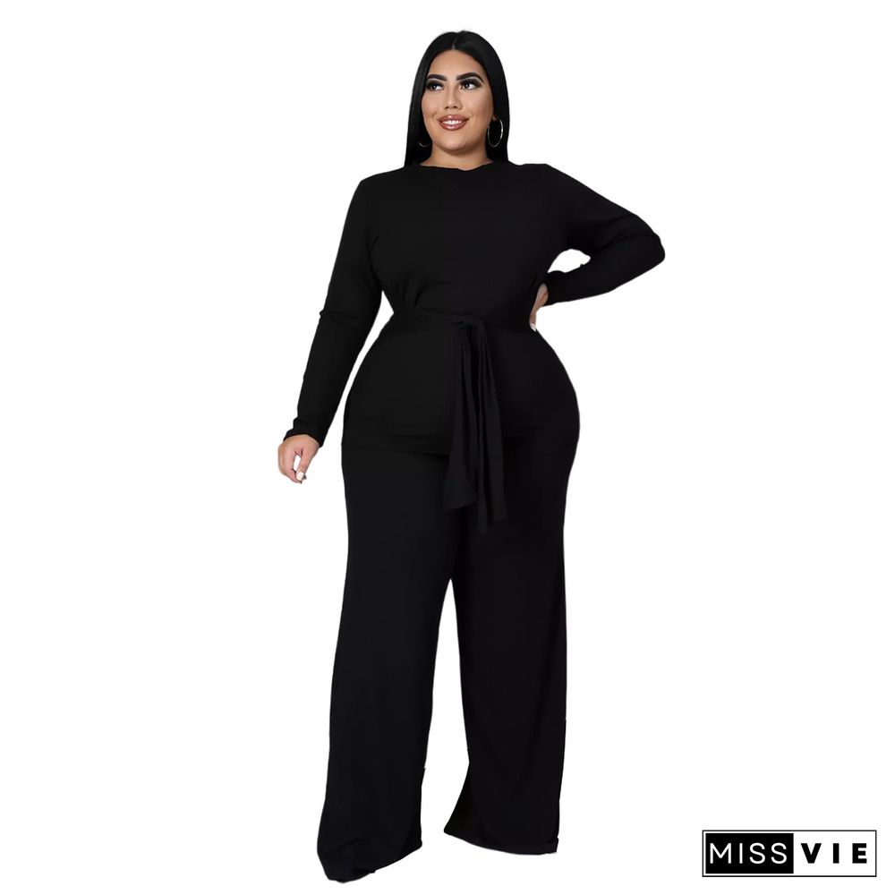 Knitted Bandage T Shirt Wide Leg Pants Plus Size Set