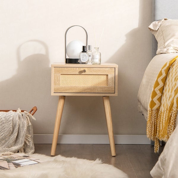 Gymax Nightstand Bedside End Sofa Table with Rattan Drawer for Bedroom