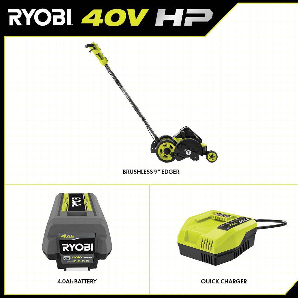 RYOBI 40V HP Brushless 9 in. Cordless Edger with 4.0 Ah Battery and Charger RY40760