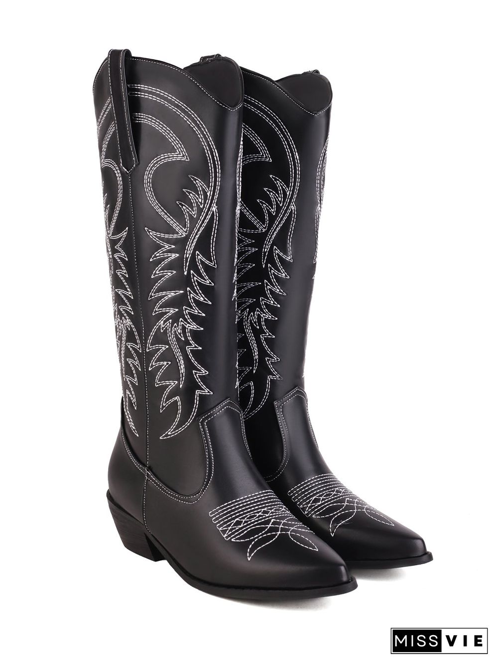 Embroidered Panel Plush Warm Pointed-Toe Cowboy Boots