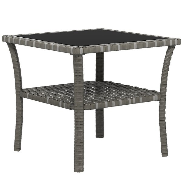 Rattan Side Table，Outdoor End Table with Storage Shelf，Aluminum Frame Square，Coffee Table with Tempered Glass Top