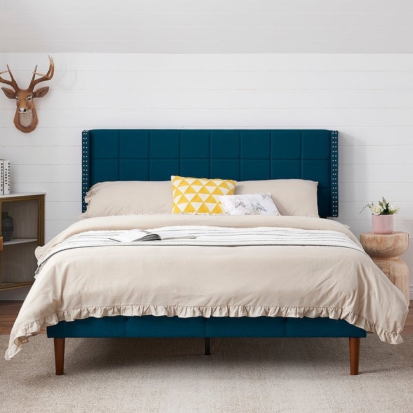 Upholstered Height Adjustable Headboard with Decorative Nailhead Trim，Dark Blue - - 36089799