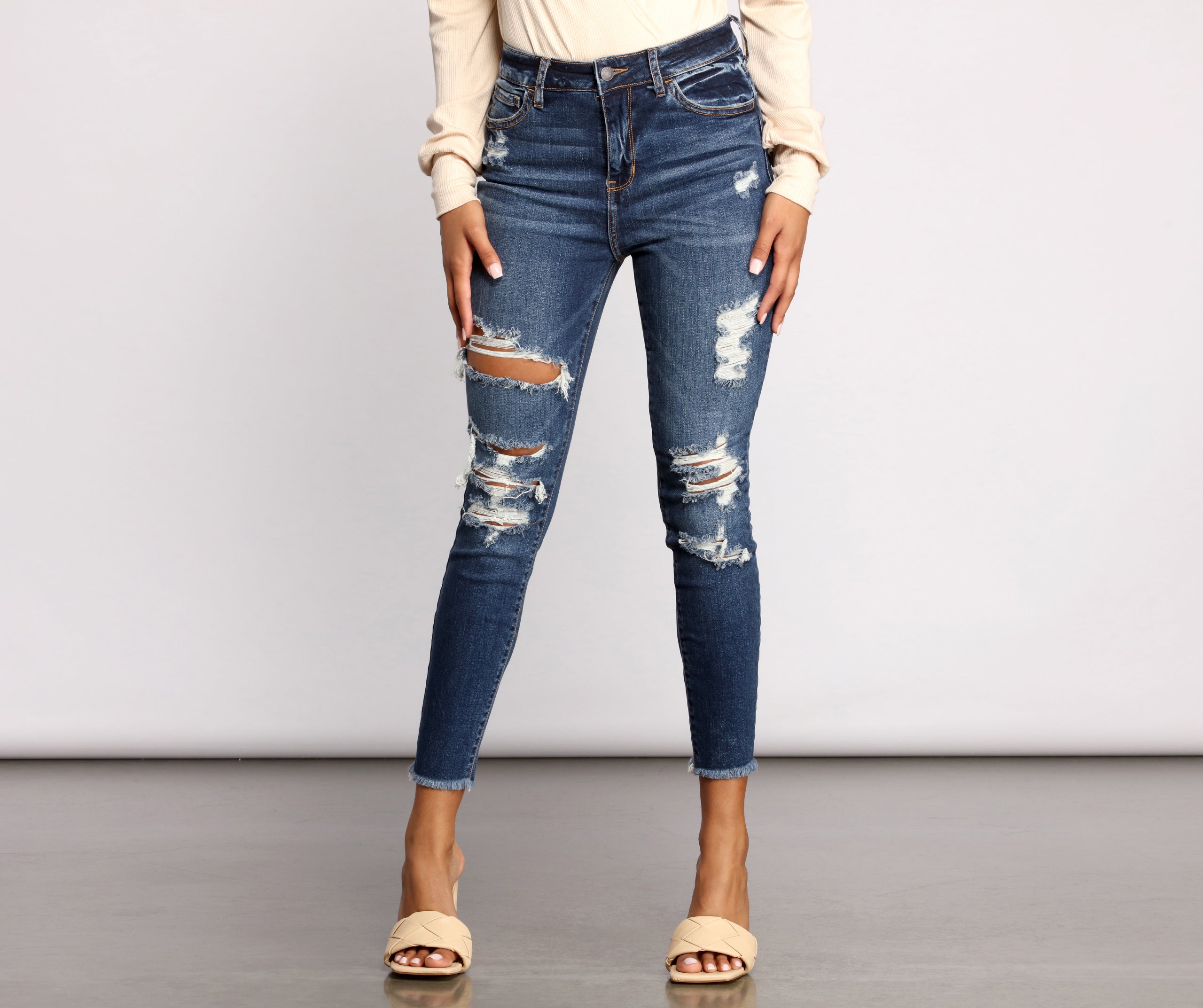 High Rise Destructed Skinny Jeans