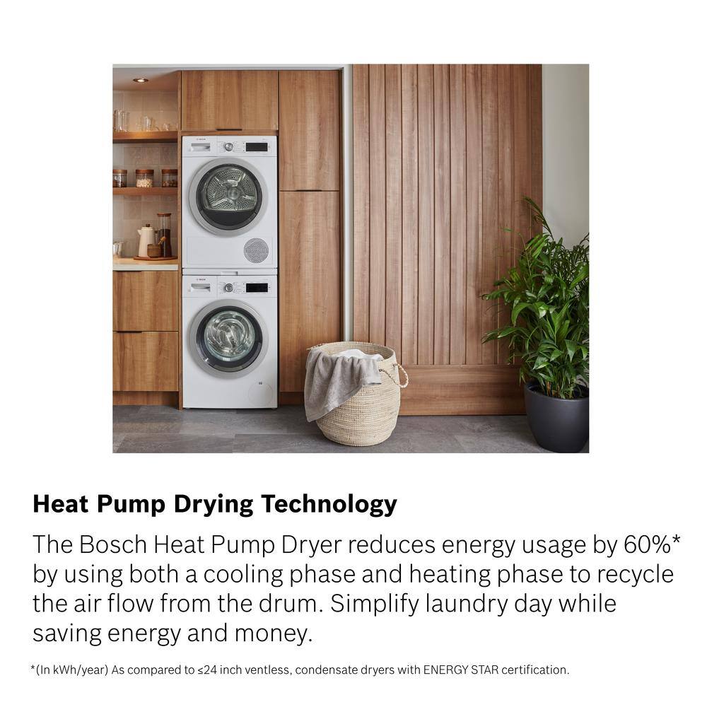 Bosch 500 Series 4 cu. ft. 240-Volt Home Connect White Stackable Electric Ventless Heat Pump Compact Dryer ENERGY STAR WTW87NH1UC