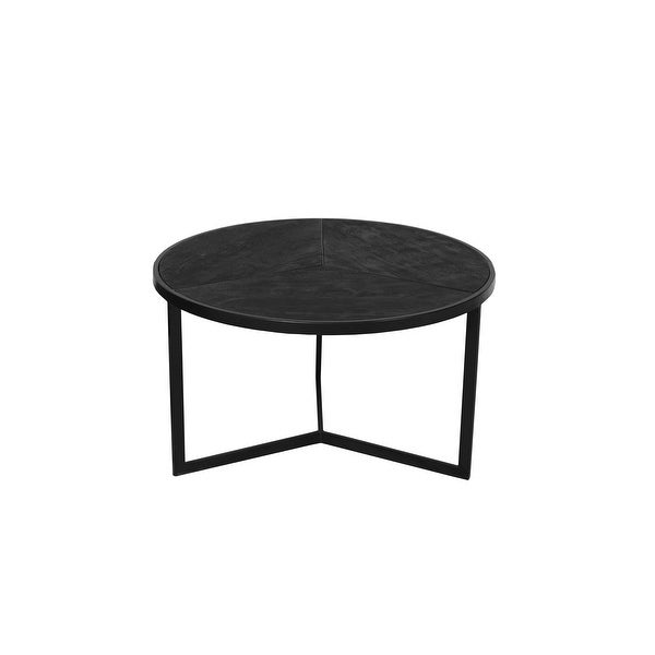 28， 20 Inch Round Nesting Coffee Table Set Of 2， Handcrafted Mango Wood Charcoal Gray Top， Black Iron Base