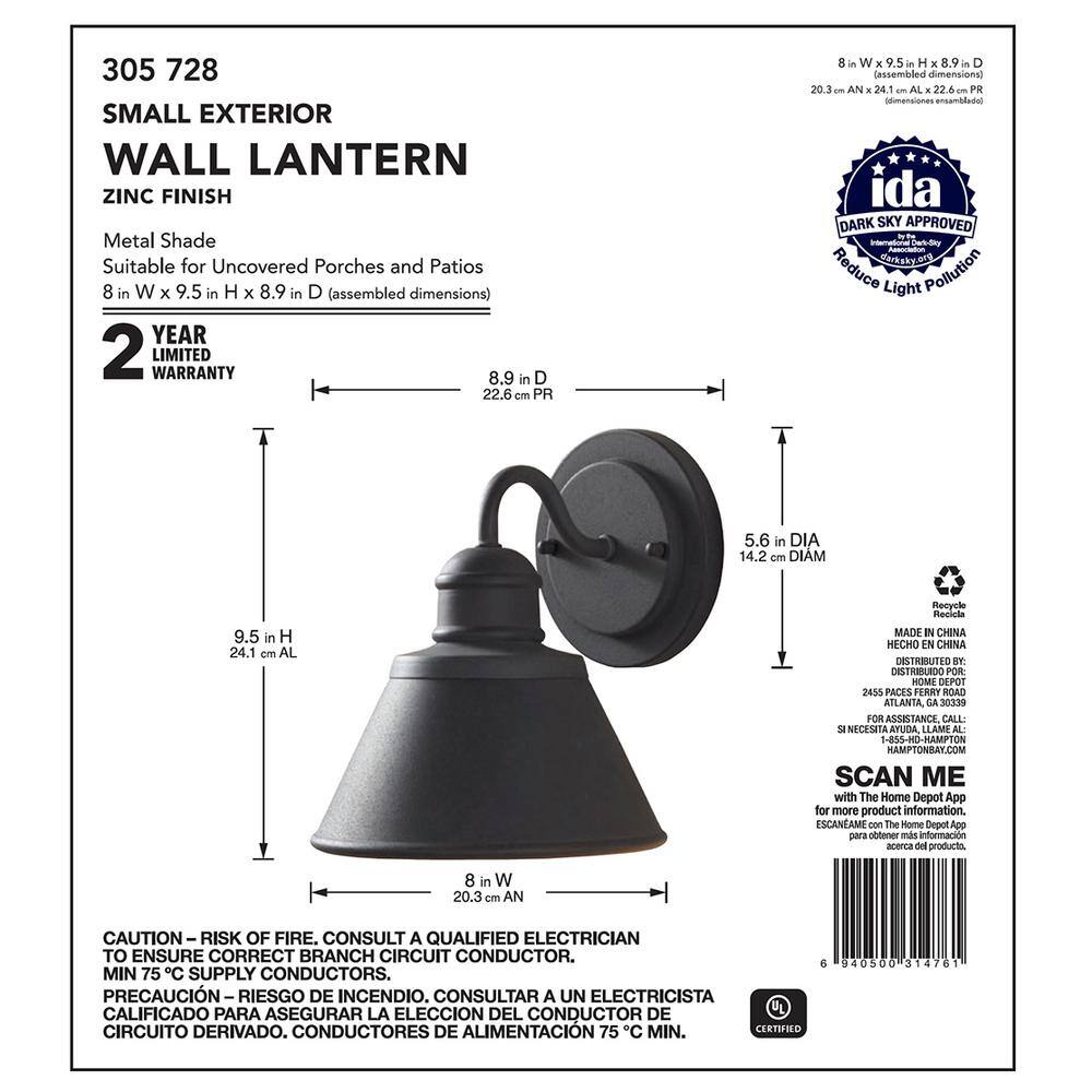 Hampton Bay 1-Light Zinc Outdoor Wall Barn Light Sconce Lantern HSP1691A