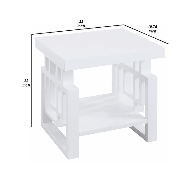 Contemporary Wooden End Table With Designer Sides and Shelf， Glossy White