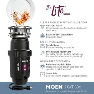 MOEN Lite Series 13 HP Continuous Feed Garbage Disposal with Power Cord and Universal Mount GXP33C