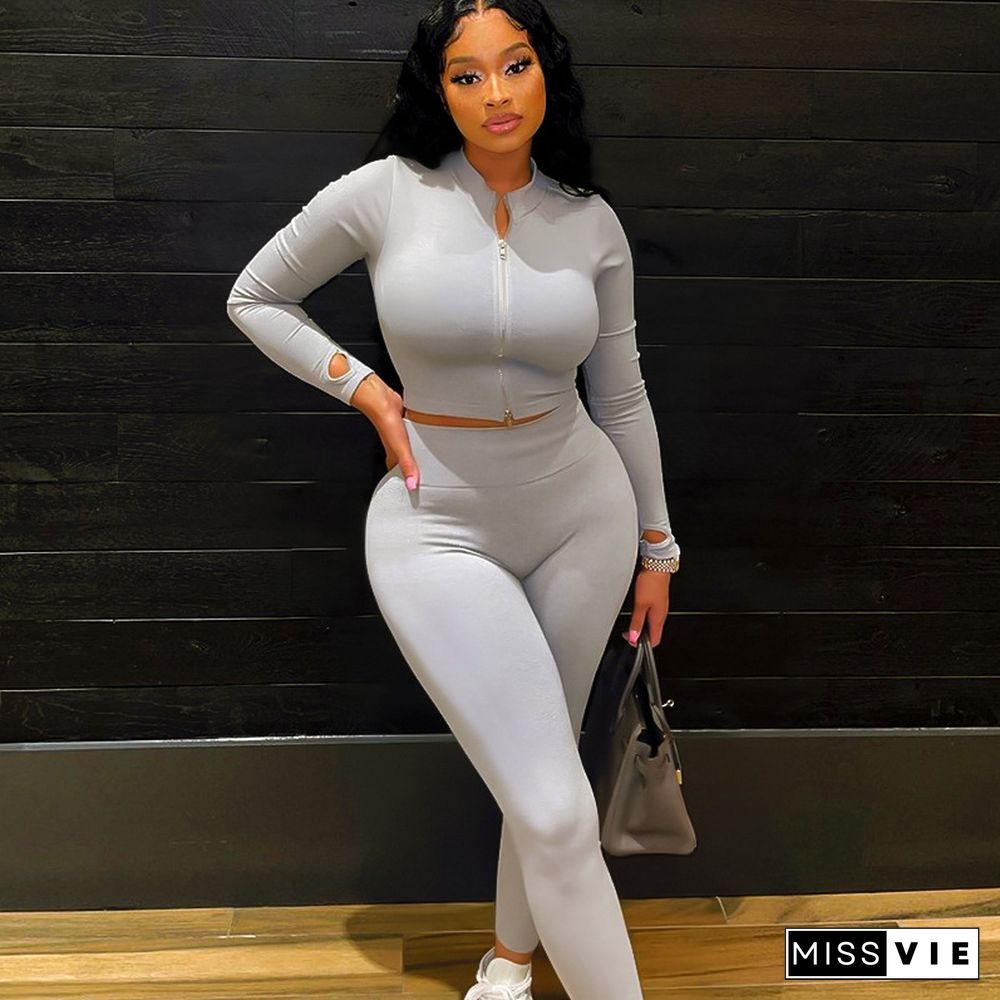 Solid Color Stand-up Collar Zipper T-shirt High Waist Slim Fit Suit