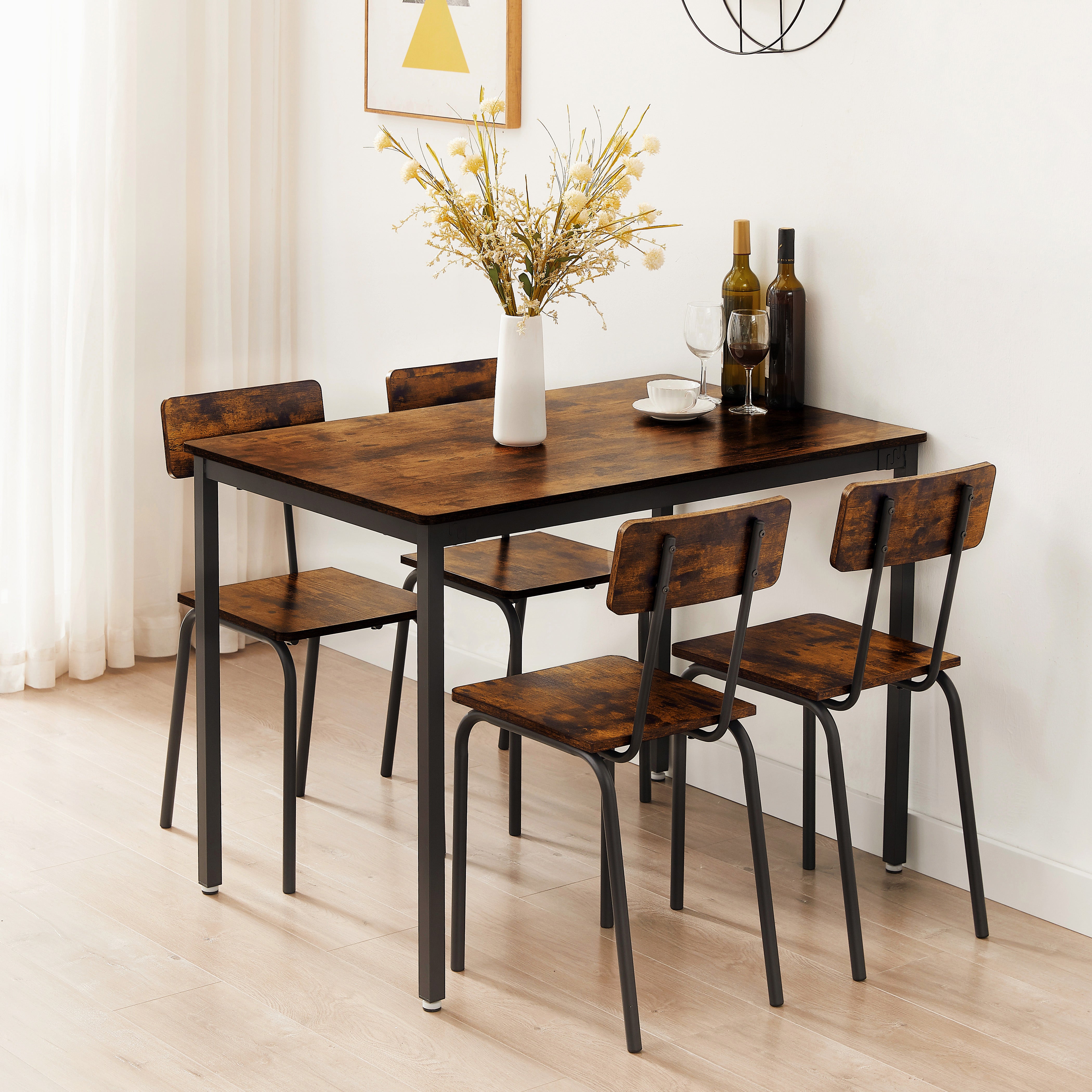 Industrial Style Dining Table and Chairs Set of 5 with Backrests