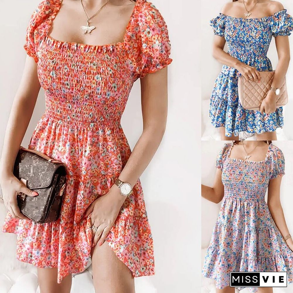 New Mini Dress Summer Beach Fashion Dress Women Short Puff Square Collar Folds Flower Print Ruched Sexy Vacation Party Sundress