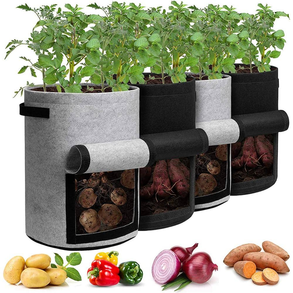 10 Gal. Double Layer Non Woven Potato Grow Bags With Flap Lid， Set of 4 Planters with Handles and Harvesting Window B086QVJDTX