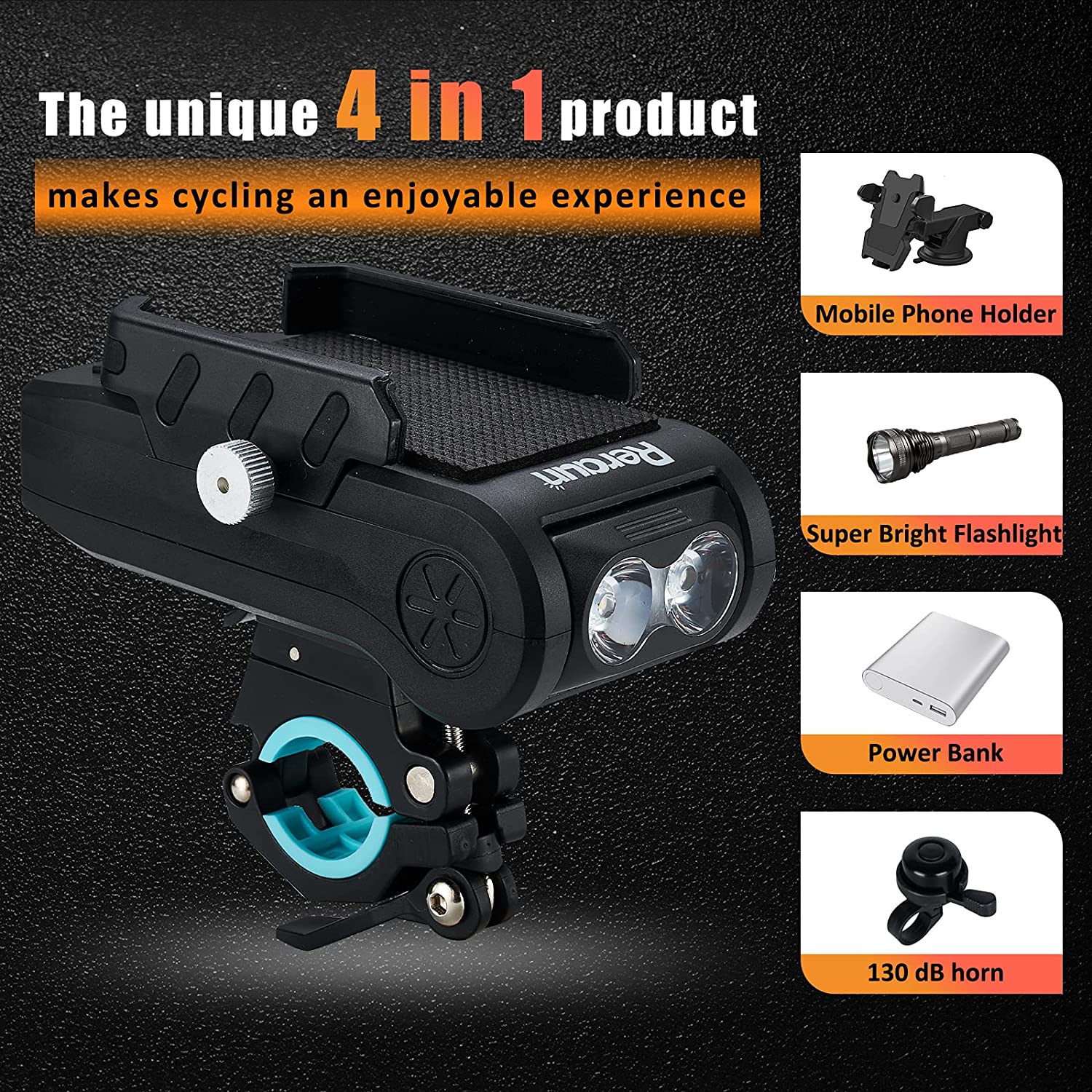 RERAUN 4-in-1 Multi-functional 4000 Mah Headlights， USB Rechargeable， Waterproof Bright Bicycle Lights with Power Bank Horn Phone Holder for Men and Women.