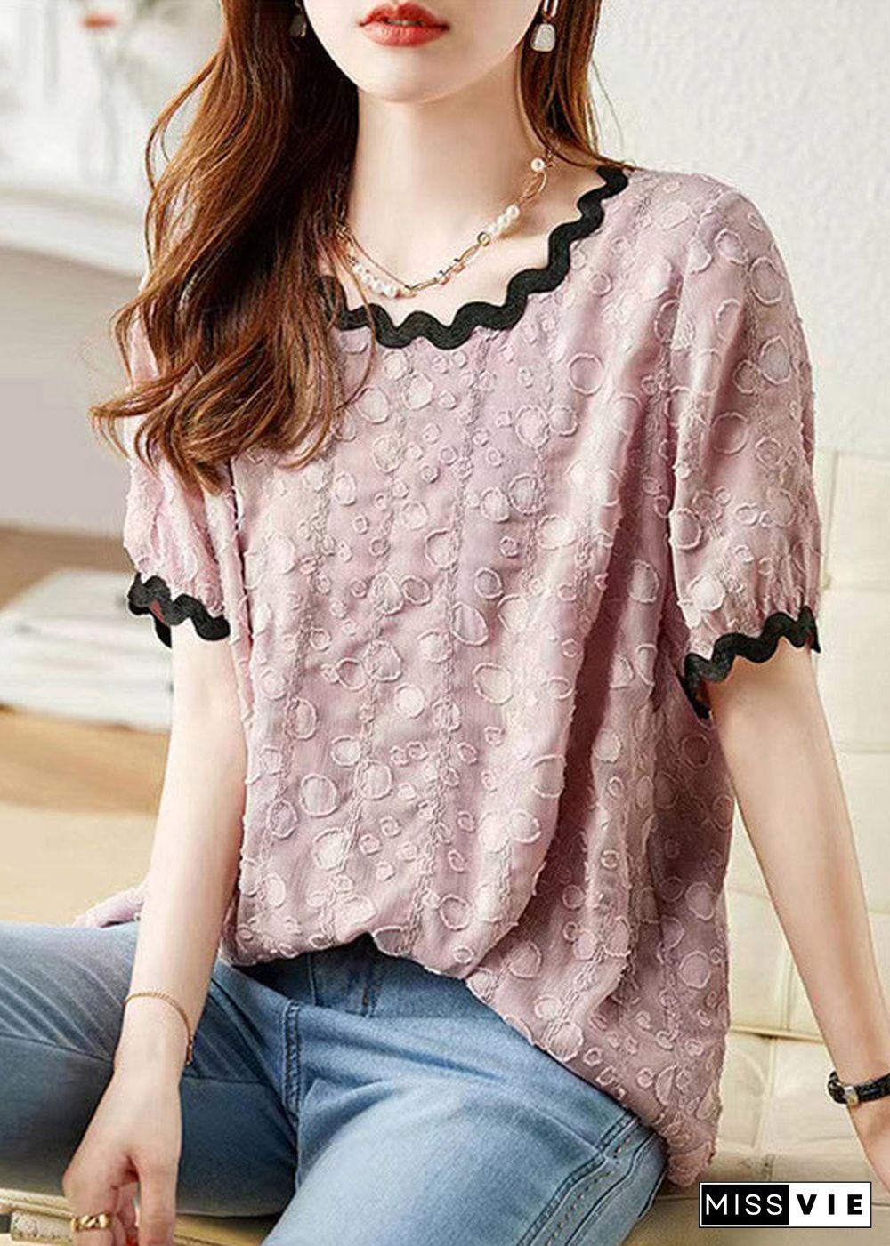 Pink Patchwork Cozy Chiffon T Shirts Puff Sleeve