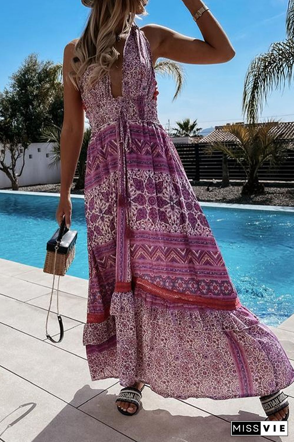 Lace Stitching Bohemian Halter Dress
