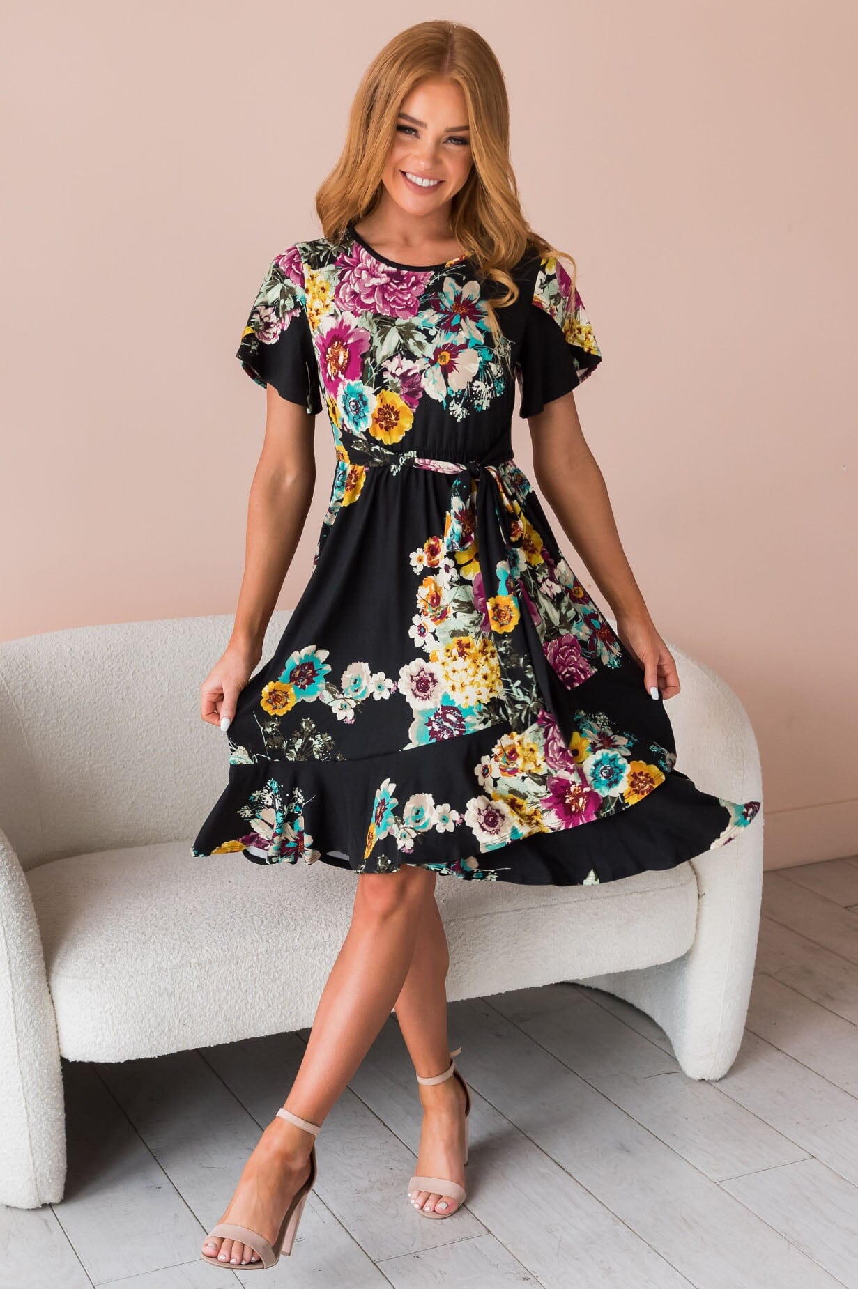 Joan Midi Dress-Black Purple Floral