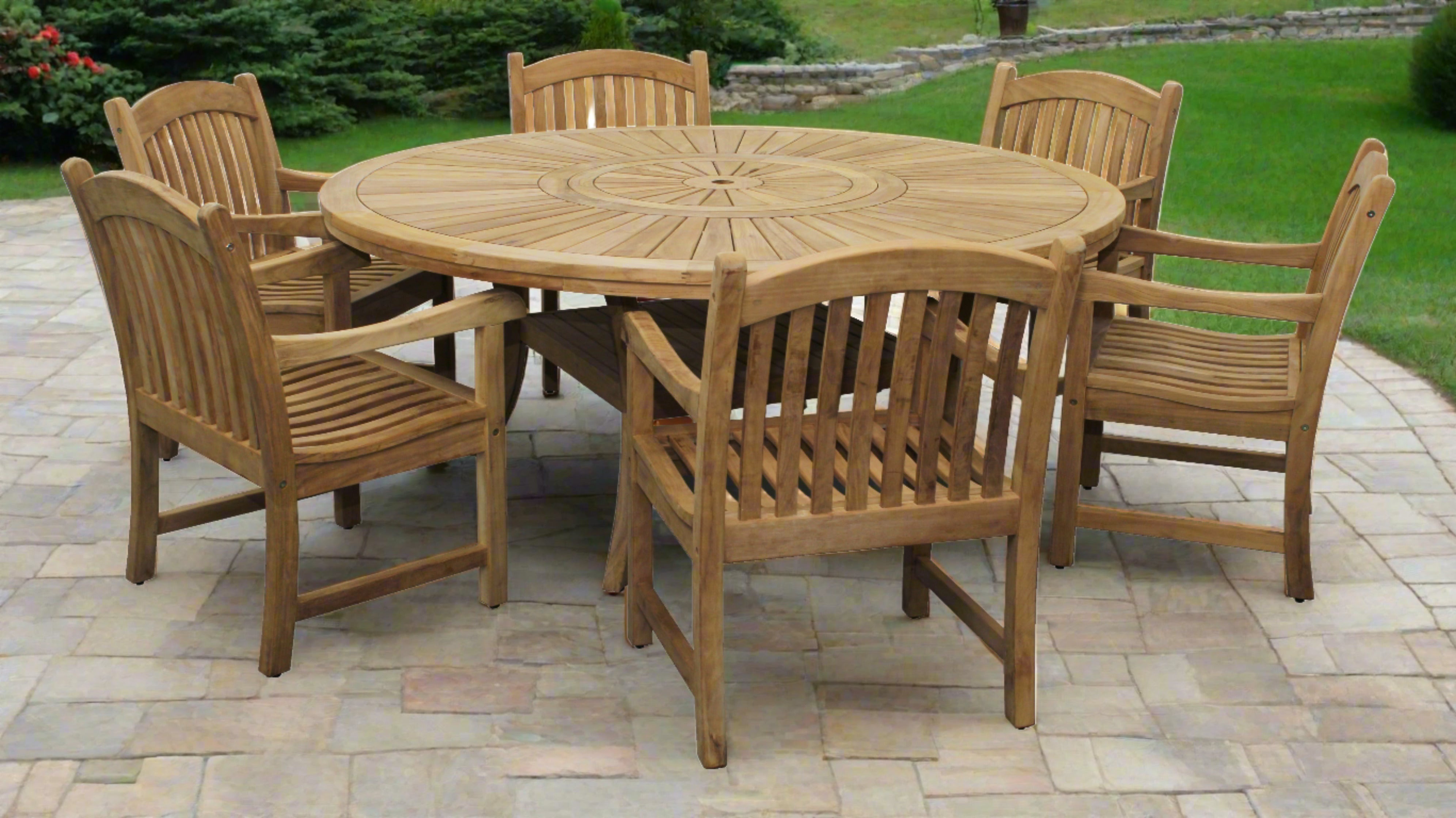 Komodo Teak 7pc Outdoor Dining Set (Teak 70 Round Table w Built-in Lazy Susan with 6 Teak Tista Armchairs +FREE Cushions)