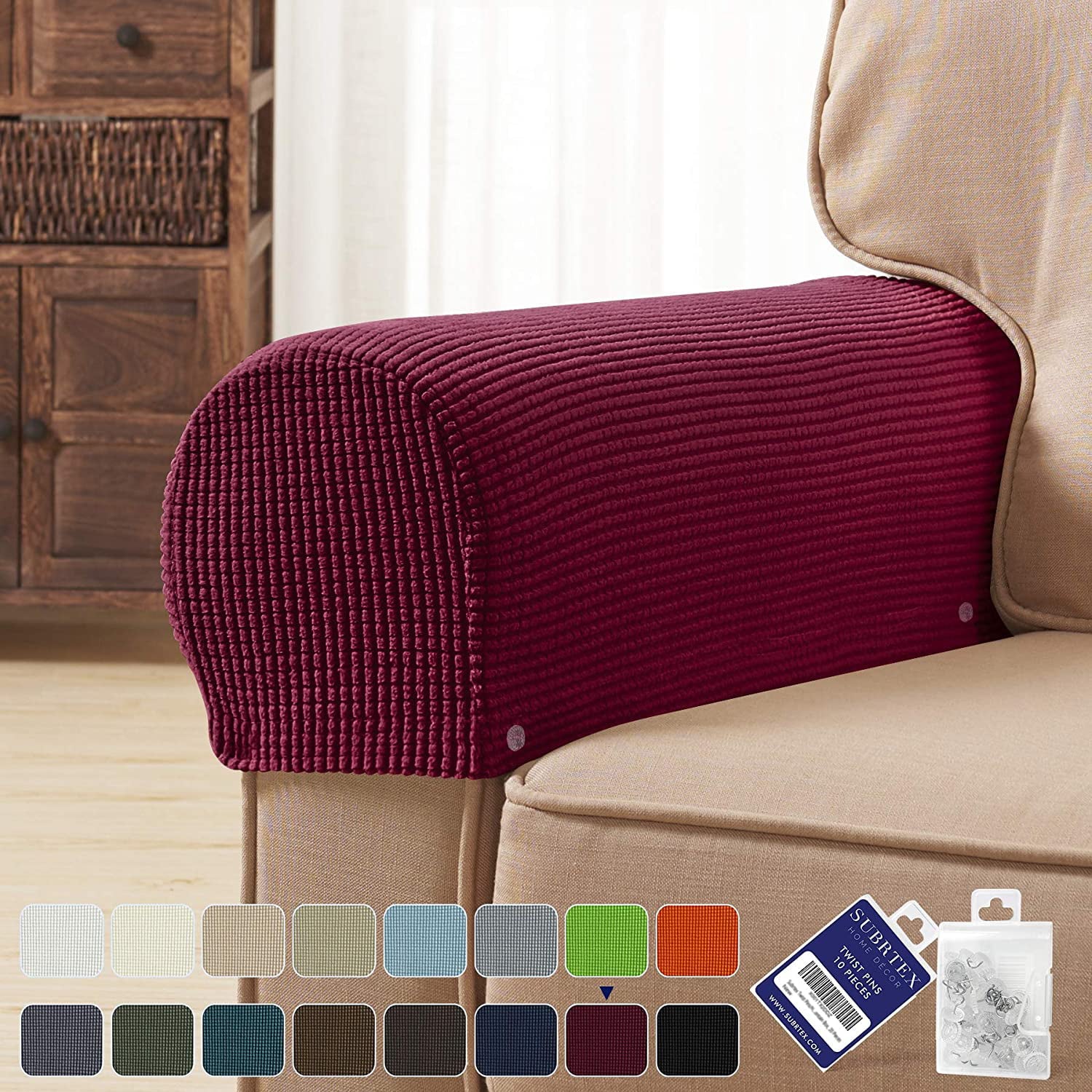 Subtrex Stretch Textured Grid Washable Sofa Armrest Slipcover (Set of 2, Wine)