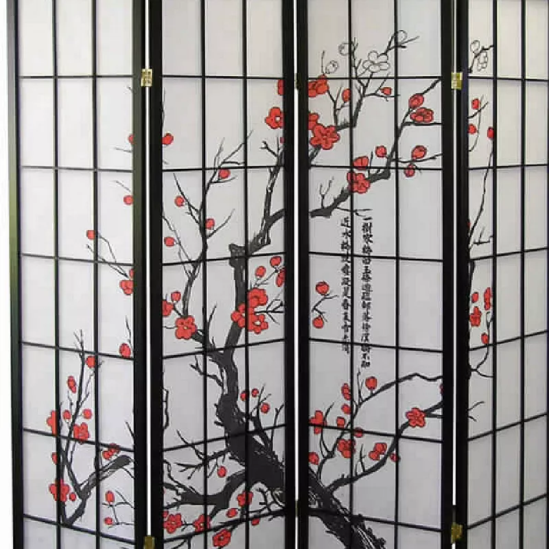 Plum Blossom Print Wood and Paper 4 Panel Room Divider， Red and Black