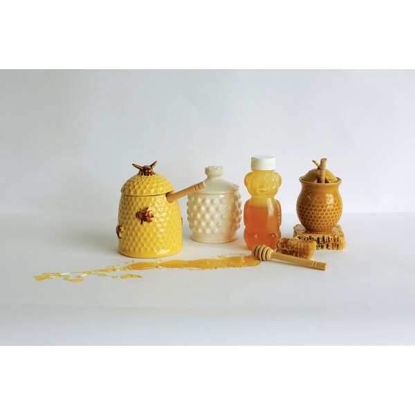 White Ceramic Hobnail Style Honey Jar with Lid and Wood Dipper (Set of 2 Pieces)