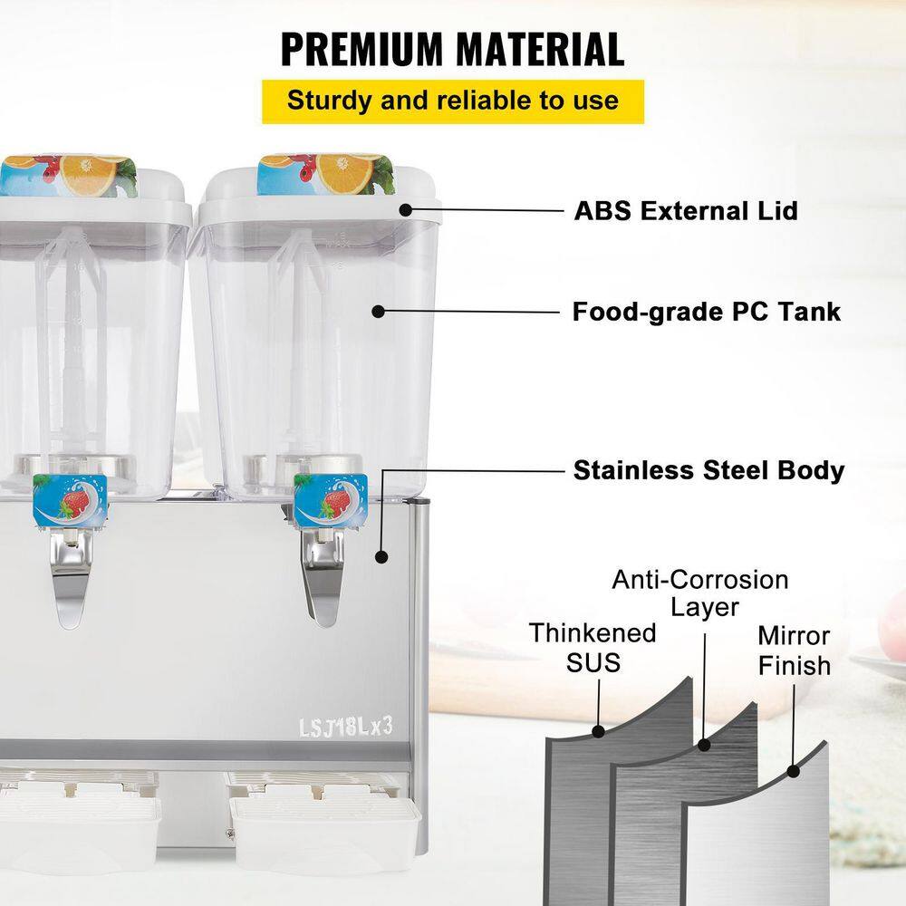 VEVOR Commercial Beverage Dispenser 14.25 Gal. 54 L 3 Tanks Drink Dispenser 350 W Stainless Steel Juice Dispenser 110V YLJHSLYJ18LX3SG01V1