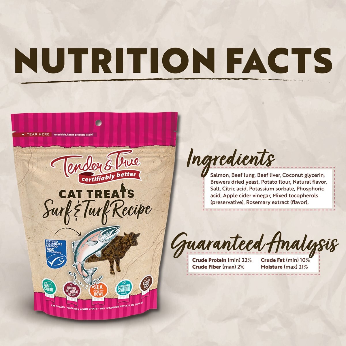 Tender and True Surf and Turf Grain-Free Cat Treats， 3.75-oz bag