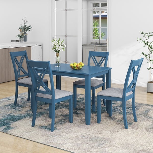 Wood 5-Piece Dining Table Set w/4 X-Back Chairs for Small Places， Blue