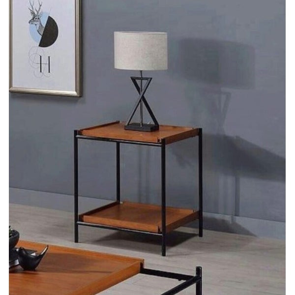 Wooden End Table with Metal Frame in Honey Oak and Black