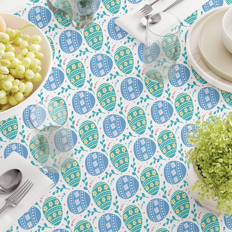 Square Tablecloth， 100% Cotton， 60x60， Blue Floral Easter Eggs