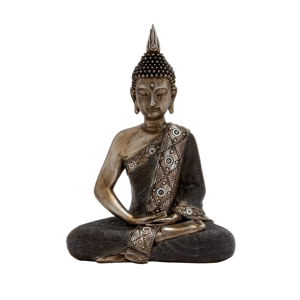 Brass Polystone Bohemian Buddha Sculpture with Engraved Carvings and Relief Detailing   12 x 6 x 16