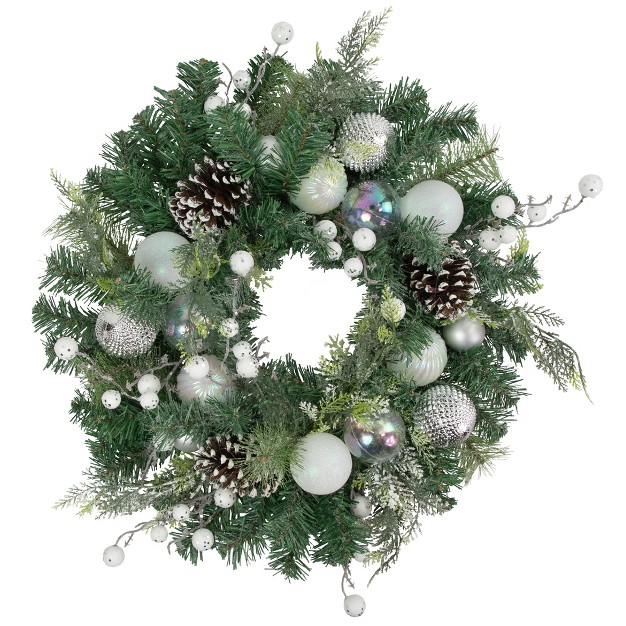 Northlight Green Pine Artificial Christmas Wreath With Berries And Iridescent Ornaments 24 inch