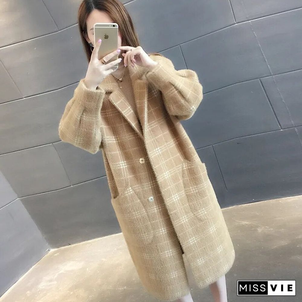 Elegant Plaid Woolen Jacket Women Korean Fashion Big Pocket Long Wool Coat Autumn Winter Warm Soft Covered Button Outwear