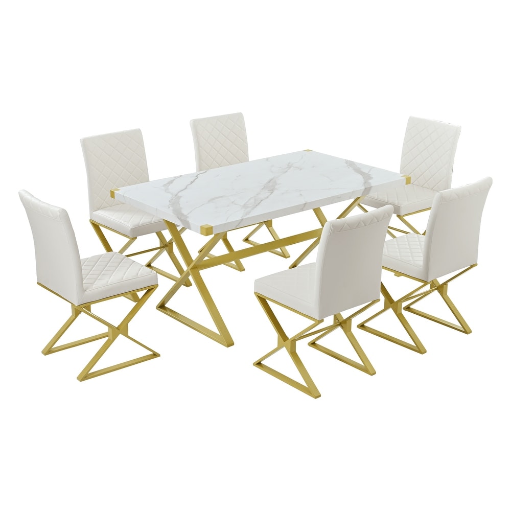 Modern White 7 Piece Dining Set with Marble Texture Table and PU Leather Chairs