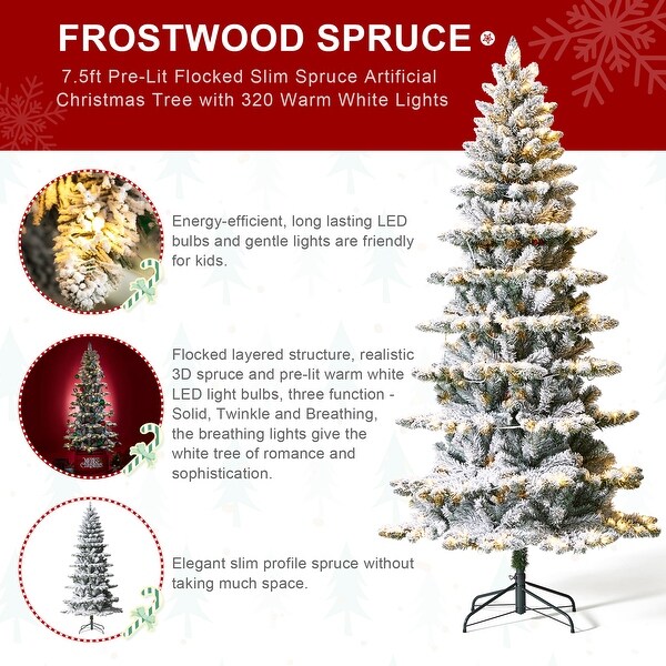 Glitzhome 7.5ft/9ft PreLit Flocked Slim Spruce Artificial Christmas Tree with Warm White Lights