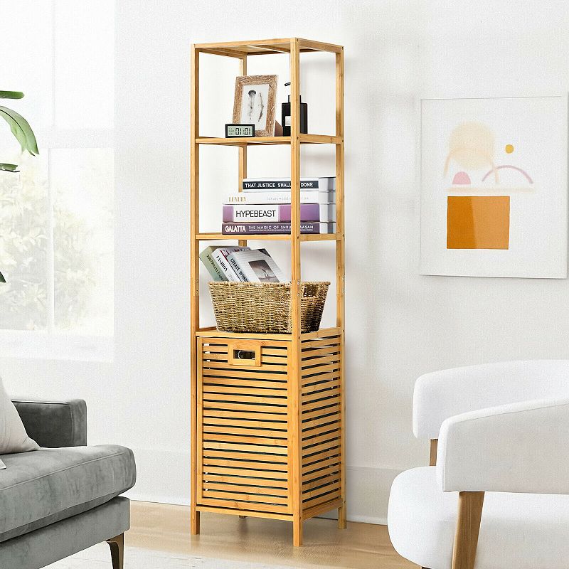 Wicker Tower Hamper Organizer with 3-Tier Storage Shelves-Natural