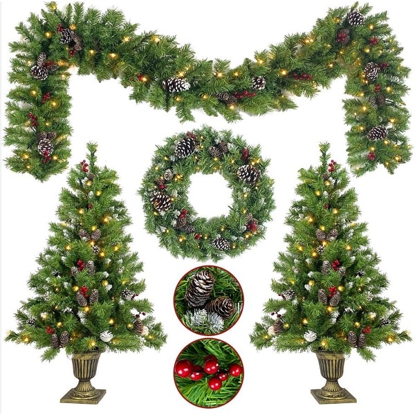 PreLit Holiday Christmas 4Piece Set with LED Lights，Christmas Garlands，Wreath and Set of 2 Entrance Trees