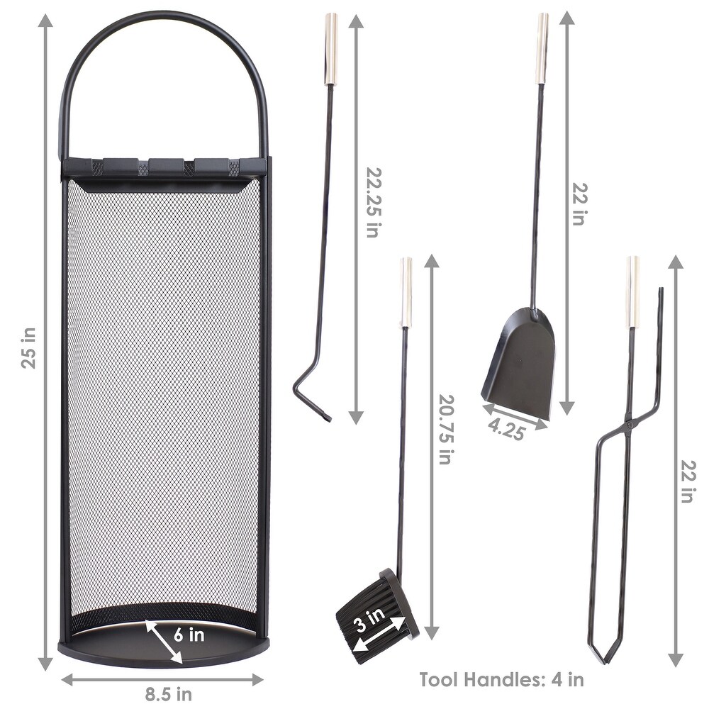 Sunnydaze 4 Piece Fireplace Tool Set with Mesh Shroud Holder