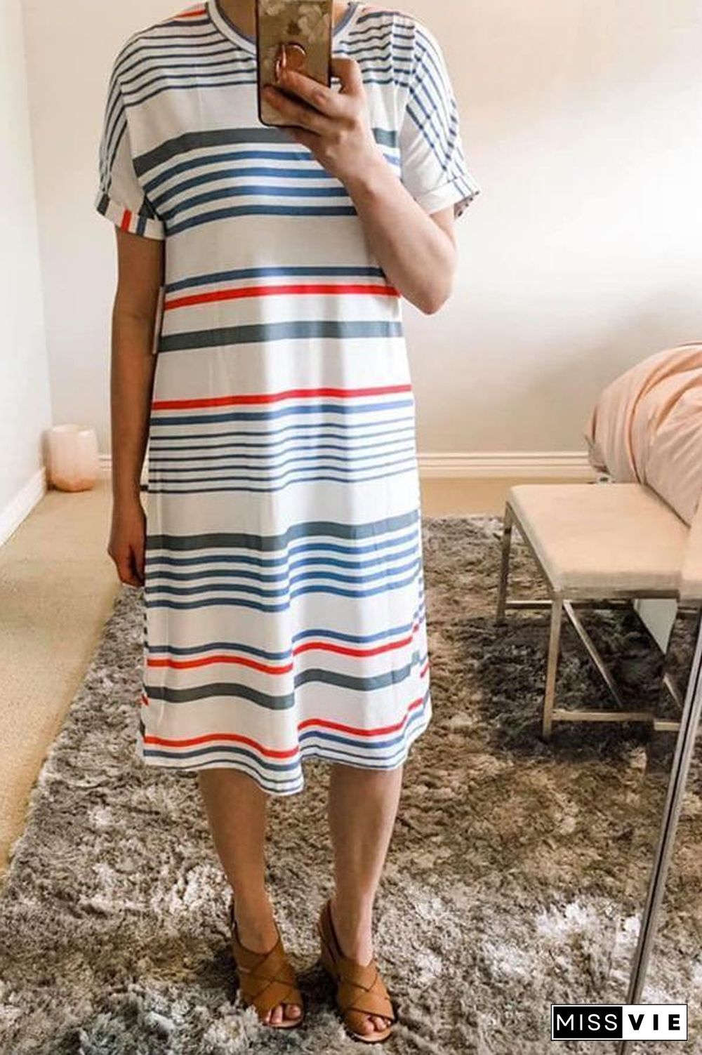 Stripe Print Short Sleeve Casual Dress