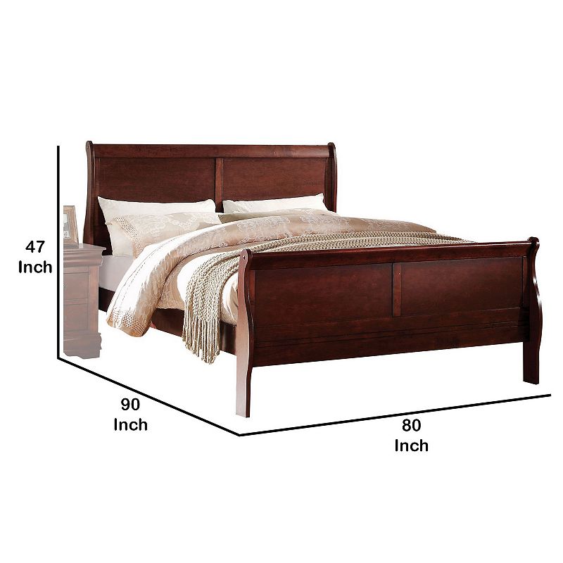 Transitional Panel Design Sleigh Eastern King Size Bed， Cherry Brown