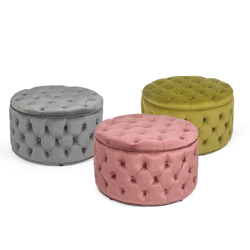 Adeco Round Storage Ottoman Button Tufted Footrest Stool Bench