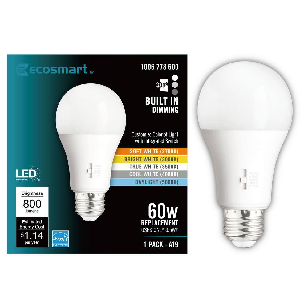 EcoSmart 60-Watt Equivalent A19 CEC Built in Dimming LED Light Bulb with Selectable Color Temperature (1-Pack) 11A19060WWALL01