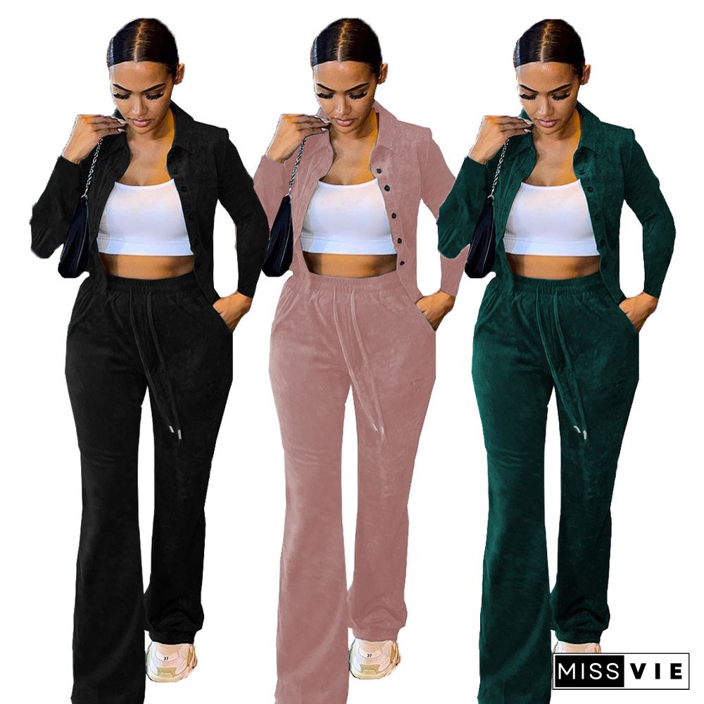 Velvet Button Crop Jacket Joggers Pants Set