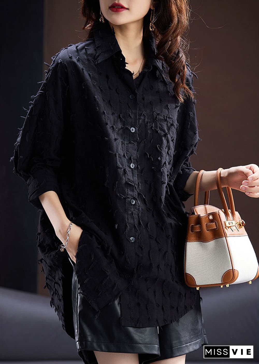 Jacquard Black Tassel Side Open Button Shirt Long Sleeve