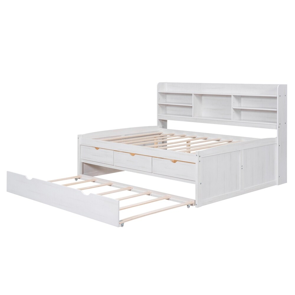 Full Size Wooden Captain Bed with Built in Bookshelves  3 Storage Drawers and Trundle  White