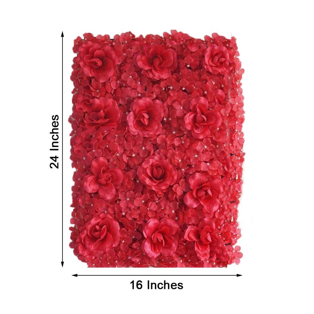 Red 3D Silk Rose and Hydrangea Flower Wall Mat Backdrop 4 Artificial Panels 11 Sq ft.