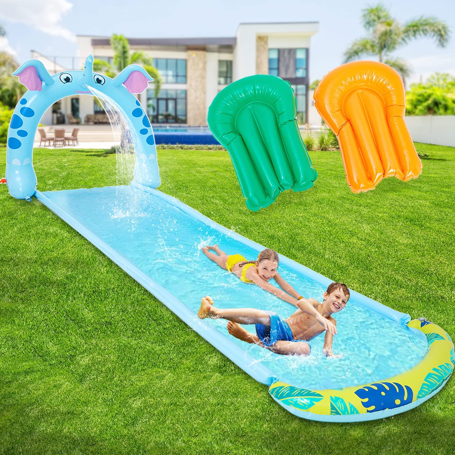 Lavinya Water Slip with 2 Bodyboards, 15.7Ft Spraying Inflatable Water Slide With Swimming Pool Games Summer Toy with Build in Sprinkler for Kids Boys Girls Ages 3Y+