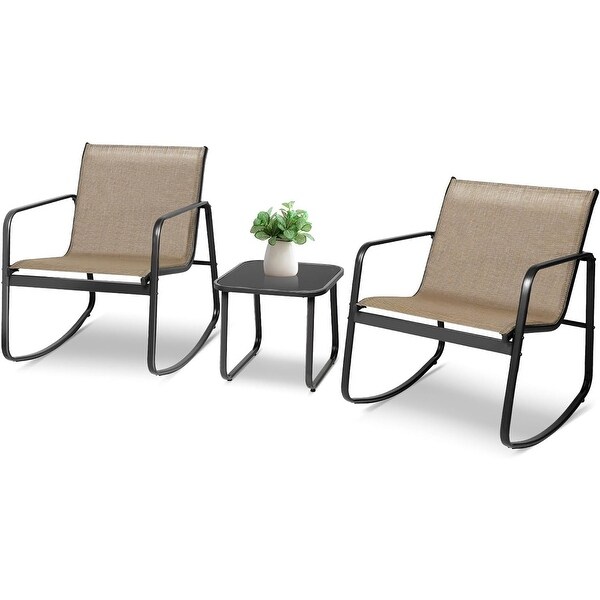 3Piece Outdoor Patio Rocking Chair Bistro Set with Glass Top Coffee Table