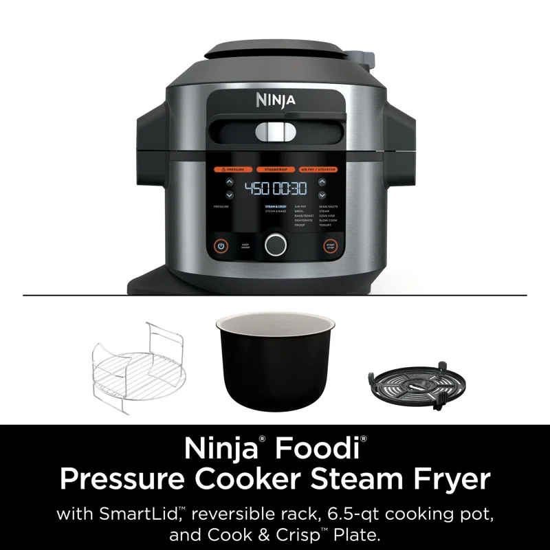 Ninja OL501 Foodi 6.5 Qt. 14-in-1 Pressure Cooker Steam Fryer with SmartLid， that Air Fries， Proofs and More， with 2-Layer Capacity， 4.6 Qt. Crisp Plate and 25 Recipes， Silver/Black