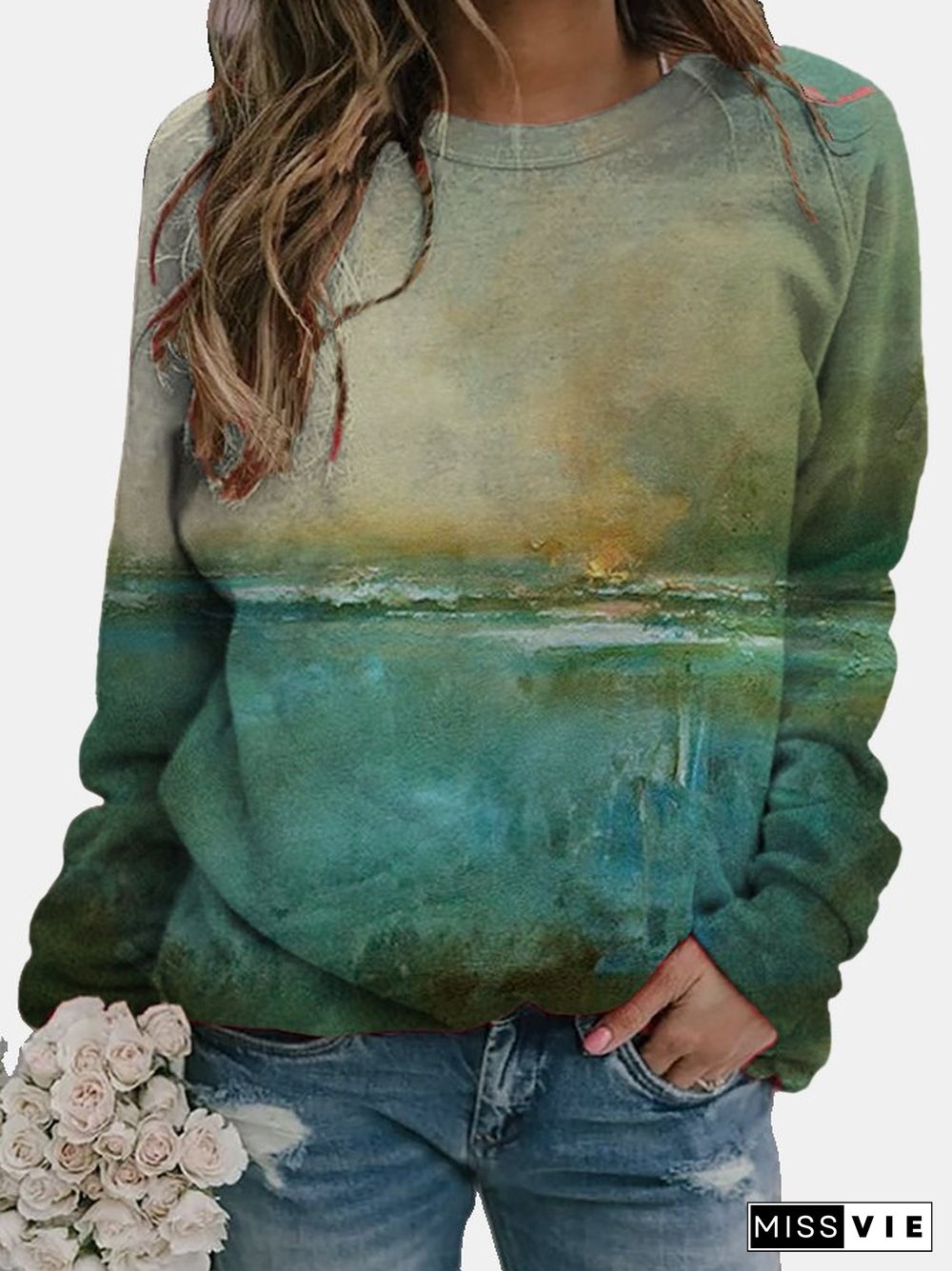 Art Oil Painting Long Sleeve Crew Neck Sweatshirts