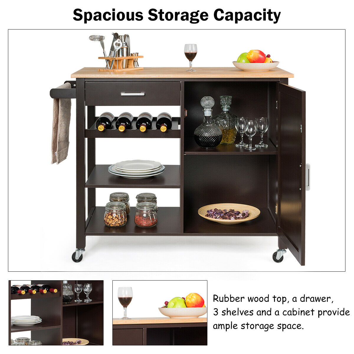 Gymax 4-Tier Wood Kitchen Island Trolley Cart Storage Cabinet w/ Wine Rack and Drawer